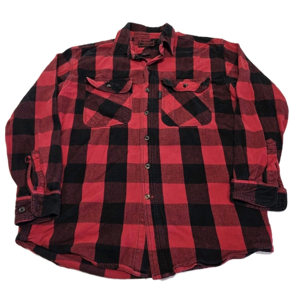 Five Brothers Flannel Shirt Mens Large Button Up Red Plaid Buffalo Heavy Work